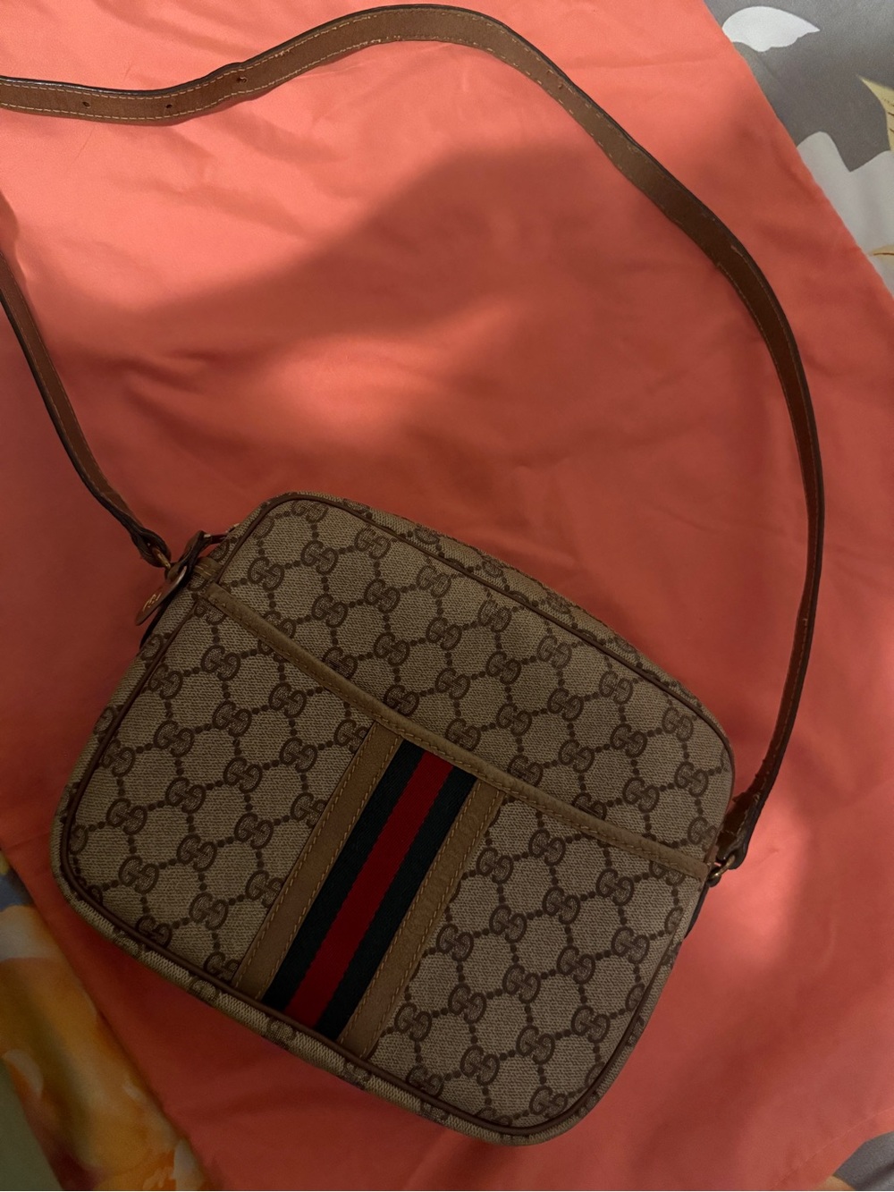 Gucci Brown-Beige GG Supreme Crossbody with Red-Green Web Stripe